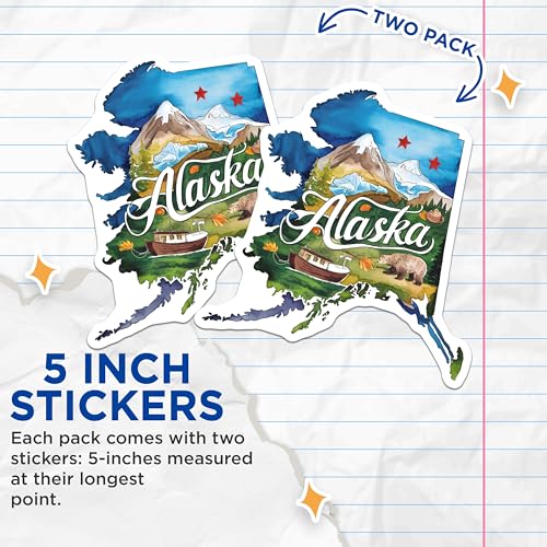 (2 Pack) Alaska State Stickers - Nature Art - Adventure Outdoor Exploration - 5" On Longest Side - Sticks to Smooth Flat Surfaces - Made in USA - BMCS6272