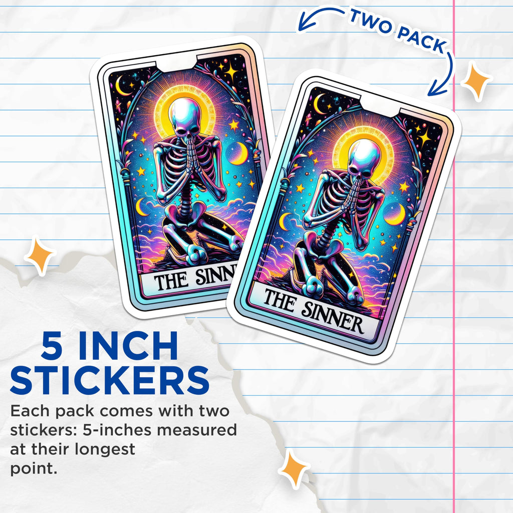 (2 Pack) Tarot Card Skeleton Stickers - Skeleton Art Stickers - Unique Skeleton Design Stickers - 5" On Longest Side - Sticks to Smooth Flat Surfaces - Made in USA - BMCS5498