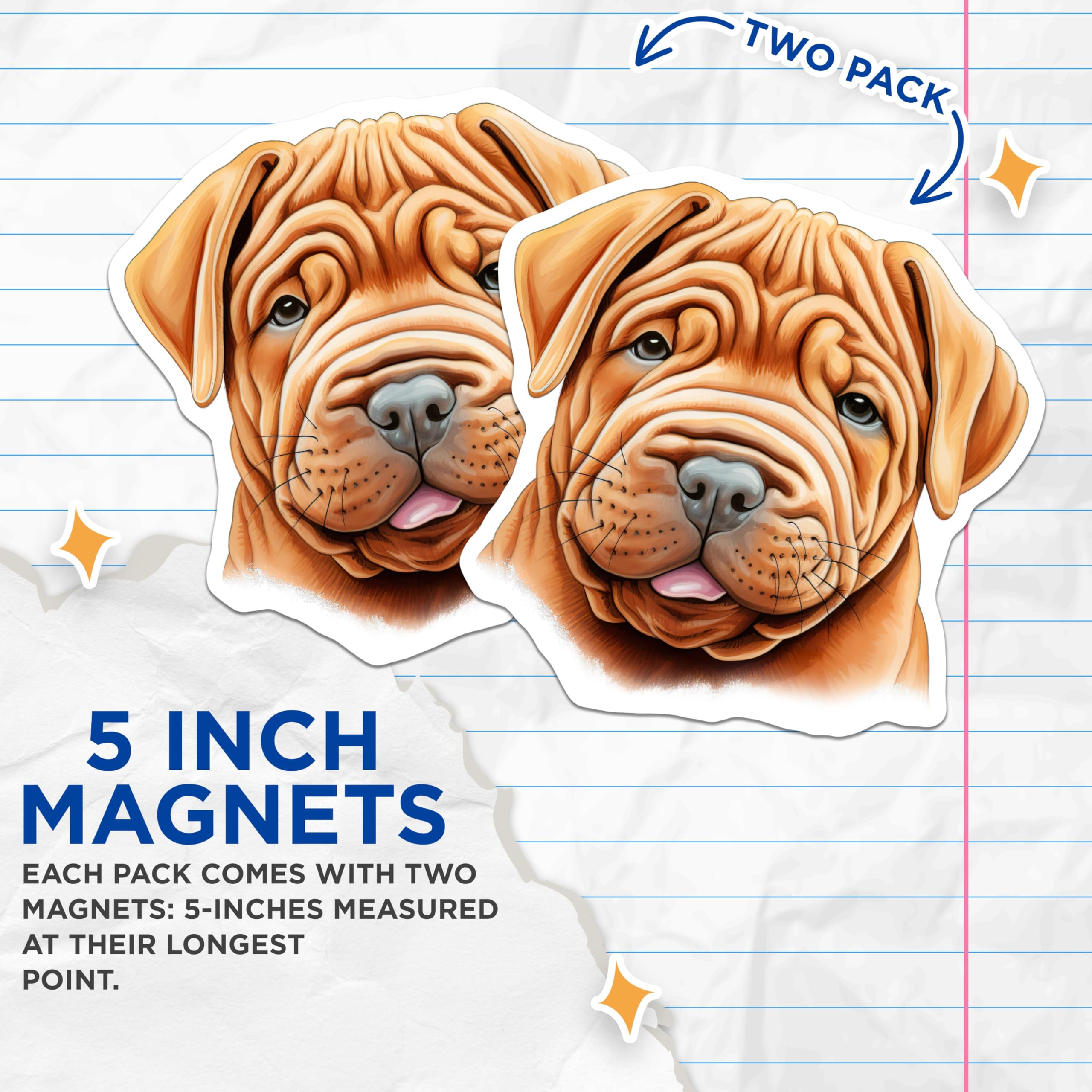 (2 Pack) Shar Pei Puppy Magnets - Wrinkly Dog Illustration - Cute Dog Lover Fridge Magnets - Pet Owner - Animal Art - 5 Inches On Longest Side - Thick Durable Magnet - Made in USA - MAG26978