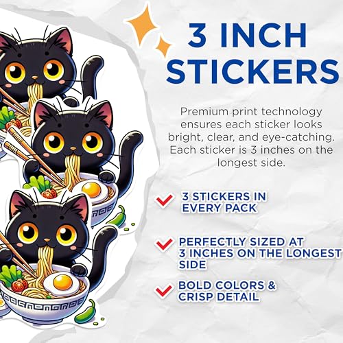 (3 Pack) Cat Ramen Decals - Anime Stickers - Laptop Decals - 3 Inches On Longest Side - Easy Peel & Apply - Made in USA - 3MCS0976