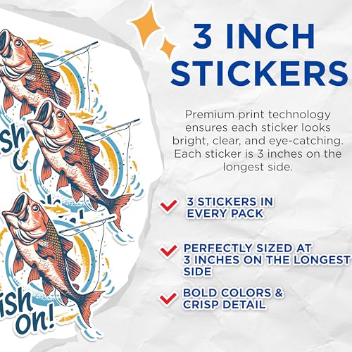 (3 Pack) Fish On Decals - Fishing Decal - Laptop Decal - 3 Inches On Longest Side - Easy Peel & Apply - Made in USA - 3MCS1472