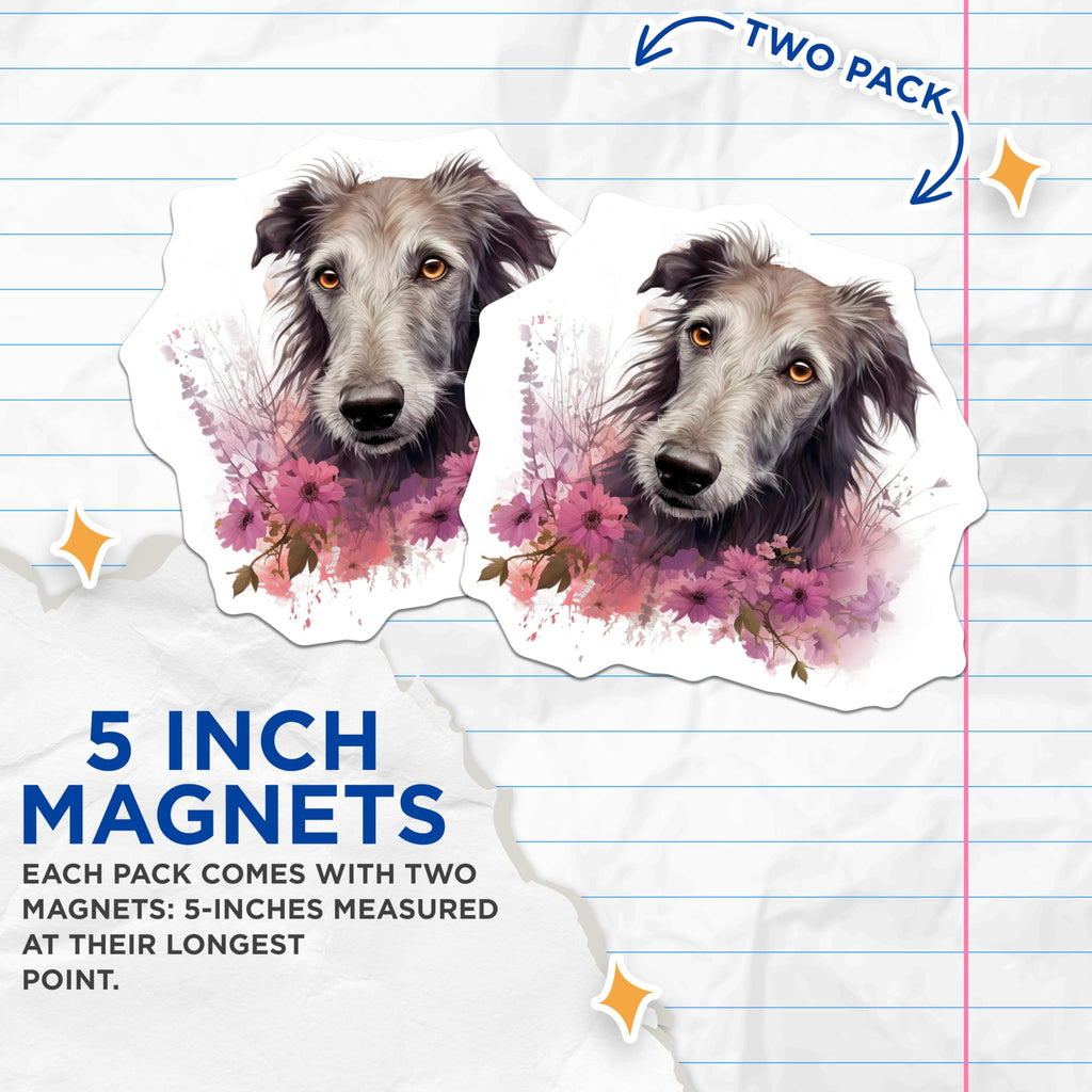(2 Pack) Scottish Deerhound Magnets - Floral Dog Art - Animal Lover Decor - 5 Inches On Longest Side - Thick Durable Magnet - Made in USA - MAG23994