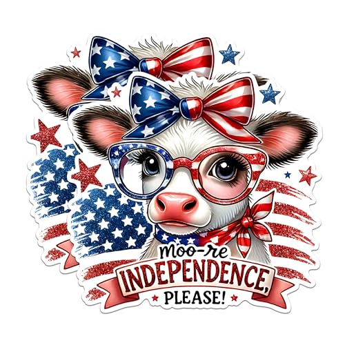 (2 Pack) Moo-re Independence Please Stickers - Patriotic Cow Stickers - Fourth of July Animal Stickers - 5" On Longest Side - Sticks to Any Smooth Flat Surface - Made in USA - BMCS2710