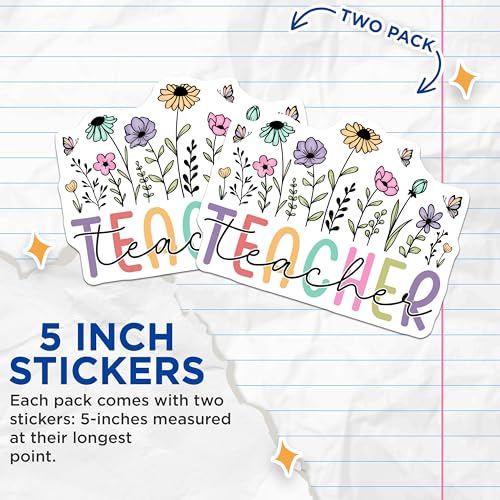 (2 Pack) Teacher Stickers - Floral Teacher Stickers - Teacher Appreciation Stickers - 5" On Longest Side - Sticks to Any Smooth Flat Surface - Made in USA - BMCS3582