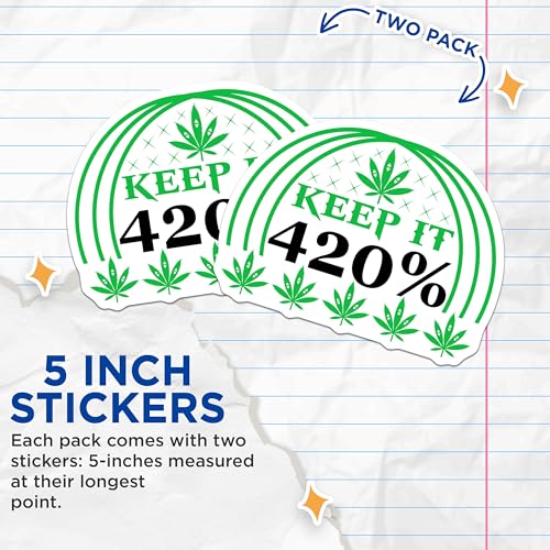(2 Pack) Keep It 420 Stickers - Cannabis Leaf - 420% Decal - 5" On Longest Side - Sticks to Smooth Flat Surfaces - Made in USA - BMCS8938 - Marijuana Design