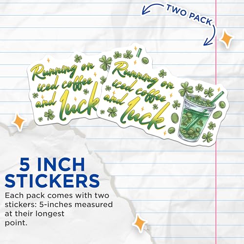 (2 Pack) Coffee Luck Stickers - Shamrock Decals - 5" On Longest Side - Sticks to Smooth Flat Surfaces - Made in USA - BMCS8409 - BMCS8409