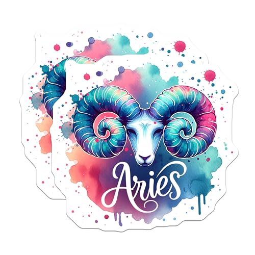 (2 Pack) Aries Zodiac Stickers - Horoscope Sticker Decals - Astrology Watercolor Art - 5" On Longest Side - Sticks to Smooth Flat Surfaces - Made in USA - BMCS6461