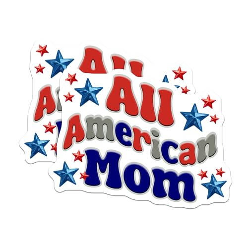 (2 Pack) All American Mom Stickers - Patriotic Mom Decals - Mother's Day Pack - Red White Blue Stars - 5" On Longest Side - Sticks to Smooth Flat Surfaces - Made in USA - BMCS7446