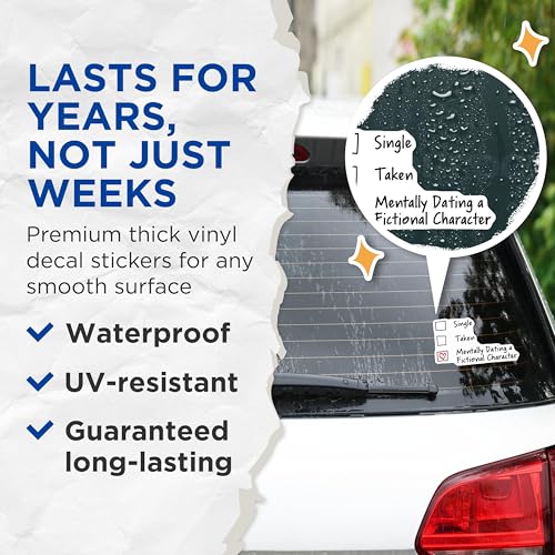(2 Pack) Funny Dating Status Stickers - Single Taken Mentally Dating a Fictional Character - 5" On Longest Side - Sticks to Smooth Flat Surfaces - Made in USA - BMCS5611