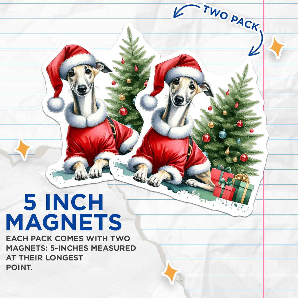 (2 Pack) Whippet Santa Christmas Magnets - Dog Lover Holiday Decor - Cute Animal Fridge Magnet Art - 5 Inches On Longest Side - Thick Durable Magnet - Made in USA - MAG27347