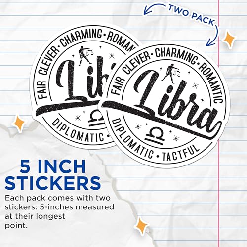 (2 Pack) Libra Zodiac Stickers - Astrological Sign Stickers - Astrology Sticker Decal - 5" On Longest Side - Sticks to Smooth Flat Surfaces - Made in USA - BMCS5143