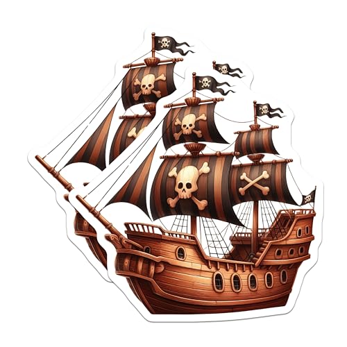 (2 Pack) Pirate Ship Stickers - Skull and Crossbones - Nautical Adventure - 5" On Longest Side - Sticks to Smooth Flat Surfaces - Made in USA - BMCS6610