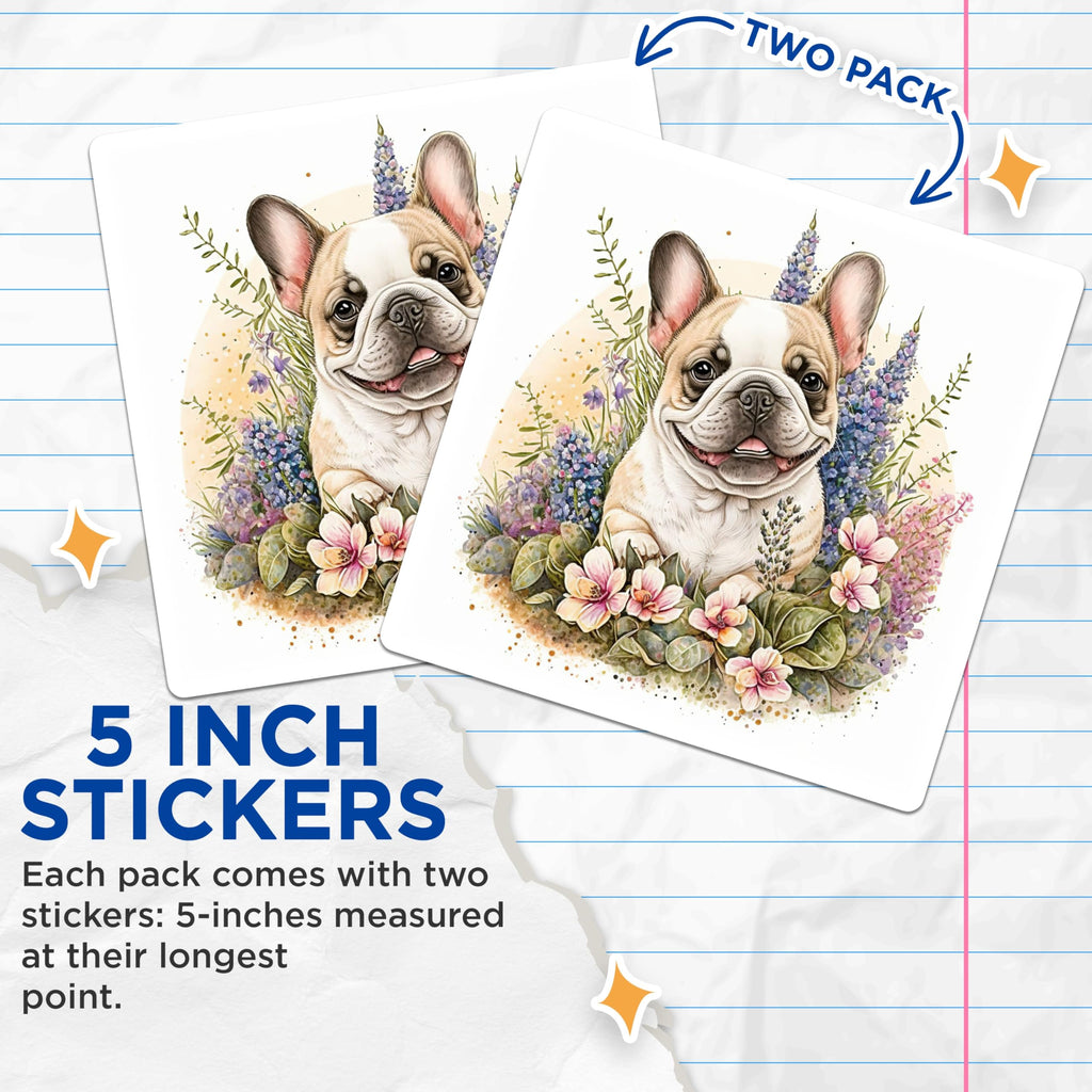 (2 Pack) French Bulldog Stickers - Cute Dog Stickers - Floral Stickers- 5" On Longest Side - Sticks to Smooth Flat Surfaces - Made in USA - BMCS16093