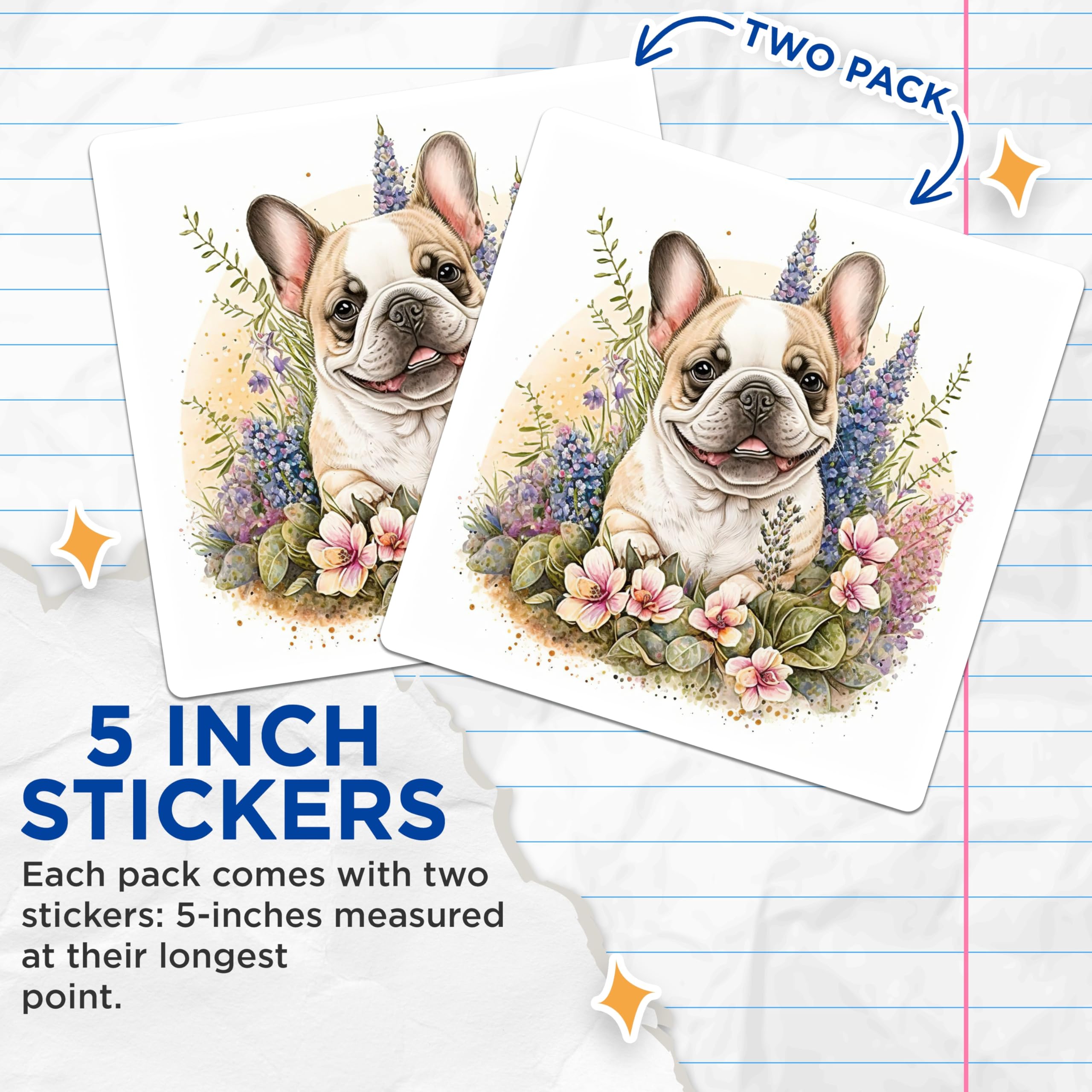 (2 Pack) French Bulldog Stickers - Cute Dog Stickers - Floral Stickers- 5" On Longest Side - Sticks to Smooth Flat Surfaces - Made in USA - BMCS16093