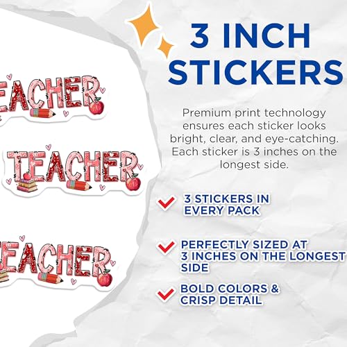 (3 Pack) Teacher Decals - Teacher Appreciation - Heart Decals - 3 Inches On Longest Side - Easy Peel & Apply - Made in USA - 3MCS6409