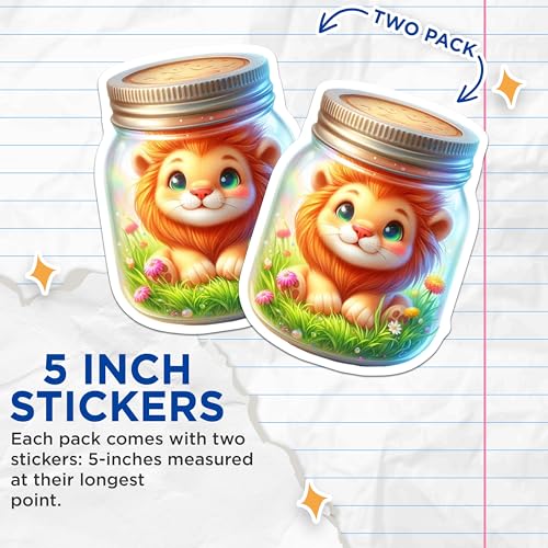 (2 Pack) Cute Lion Stickers - Animal Jar Sticker - Adorable Animal Decor - 5" On Longest Side - Sticks to Smooth Flat Surfaces - Made in USA - BMCS9354