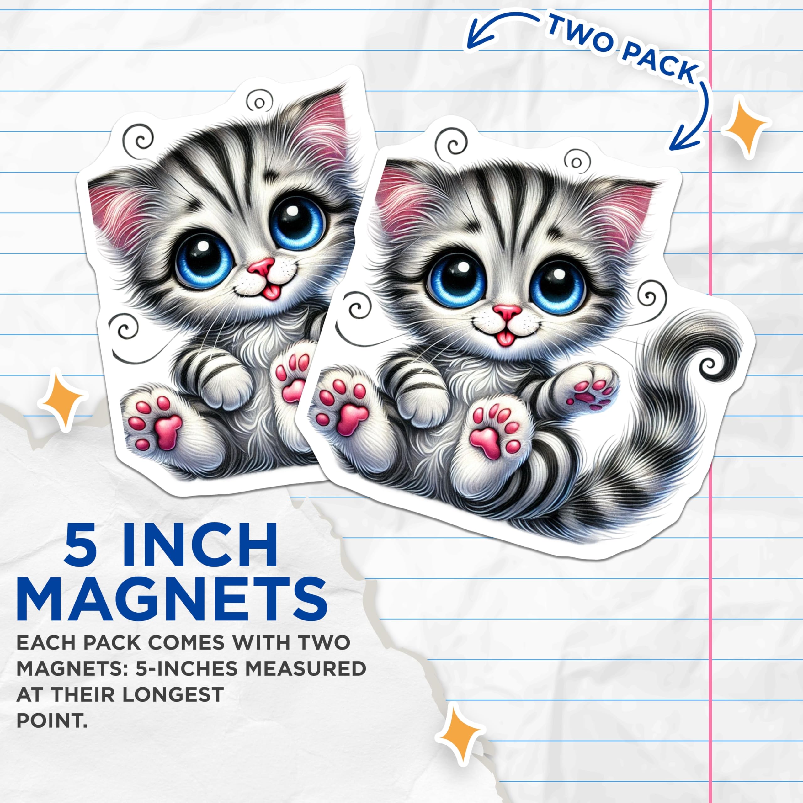 (2 Pack) Cute Kitten Magnets - Adorable Cat Art - Fridge Decorations - 5" On Longest Side - Premium Magnet - for Cars, Refrigerators, Toolboxes, Lockers - Made in USA - MAG16178