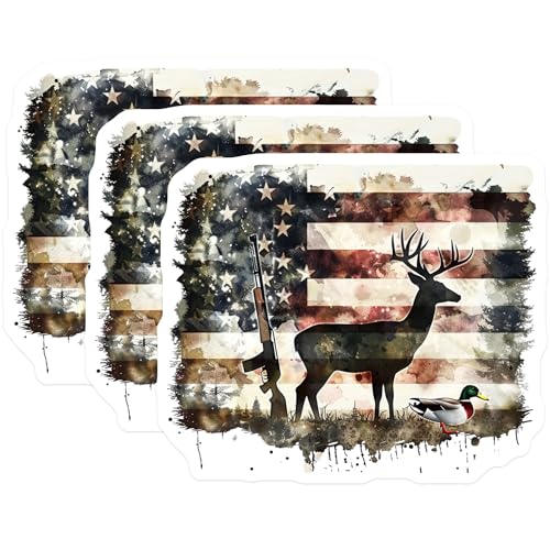 (3 Pack) Hunting Decals - American Flag Art - Deer Duck Rifle Decal - 3 Inches On Longest Side - Easy Peel & Apply - Made in USA - 3MCS4671