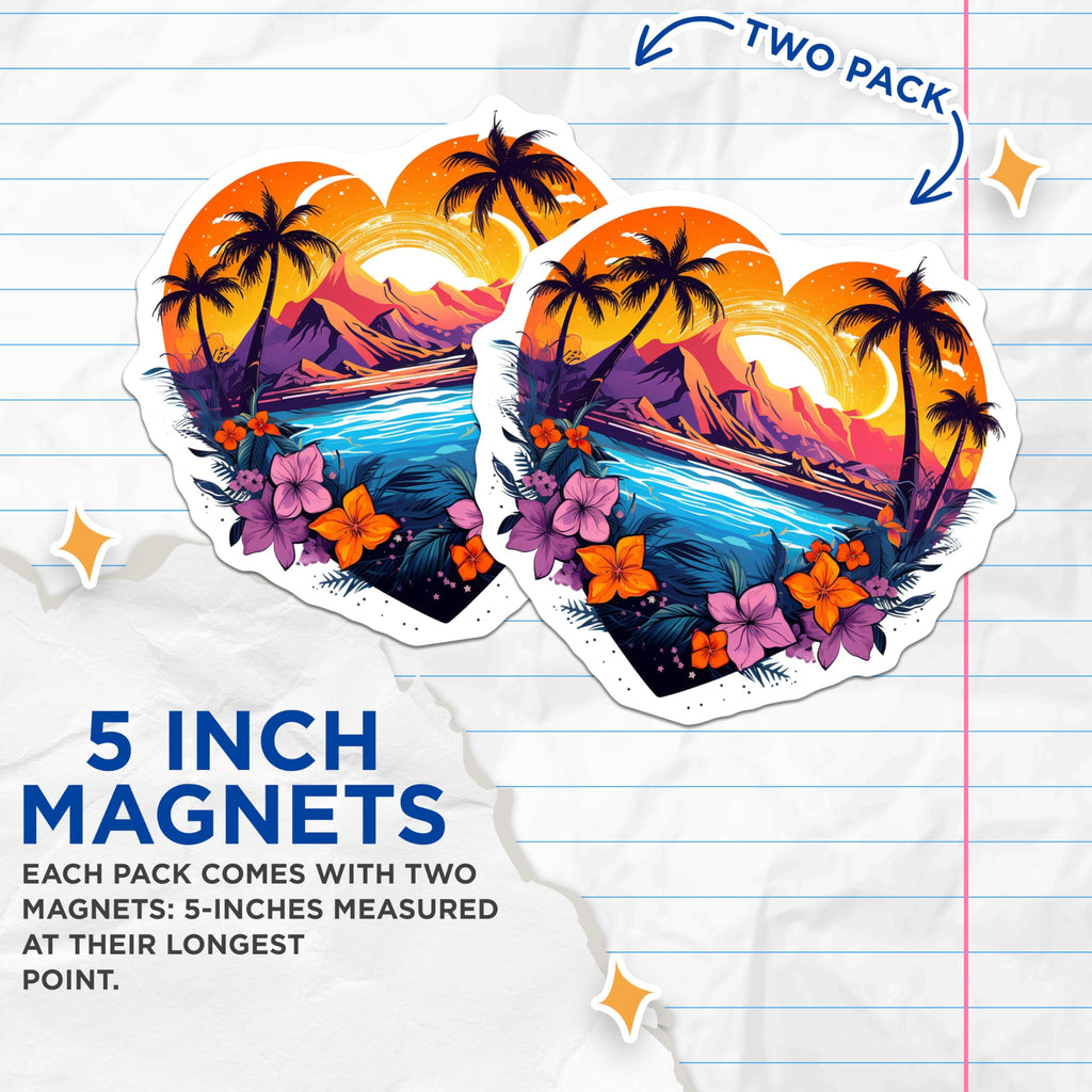 (2 Pack) Tropical Heart Magnets - Sunset Beach Palm Tree Decor - Island Scenic Landscape Art - 5 Inches On Longest Side - Thick Durable Magnet - Made in USA - MAG19834