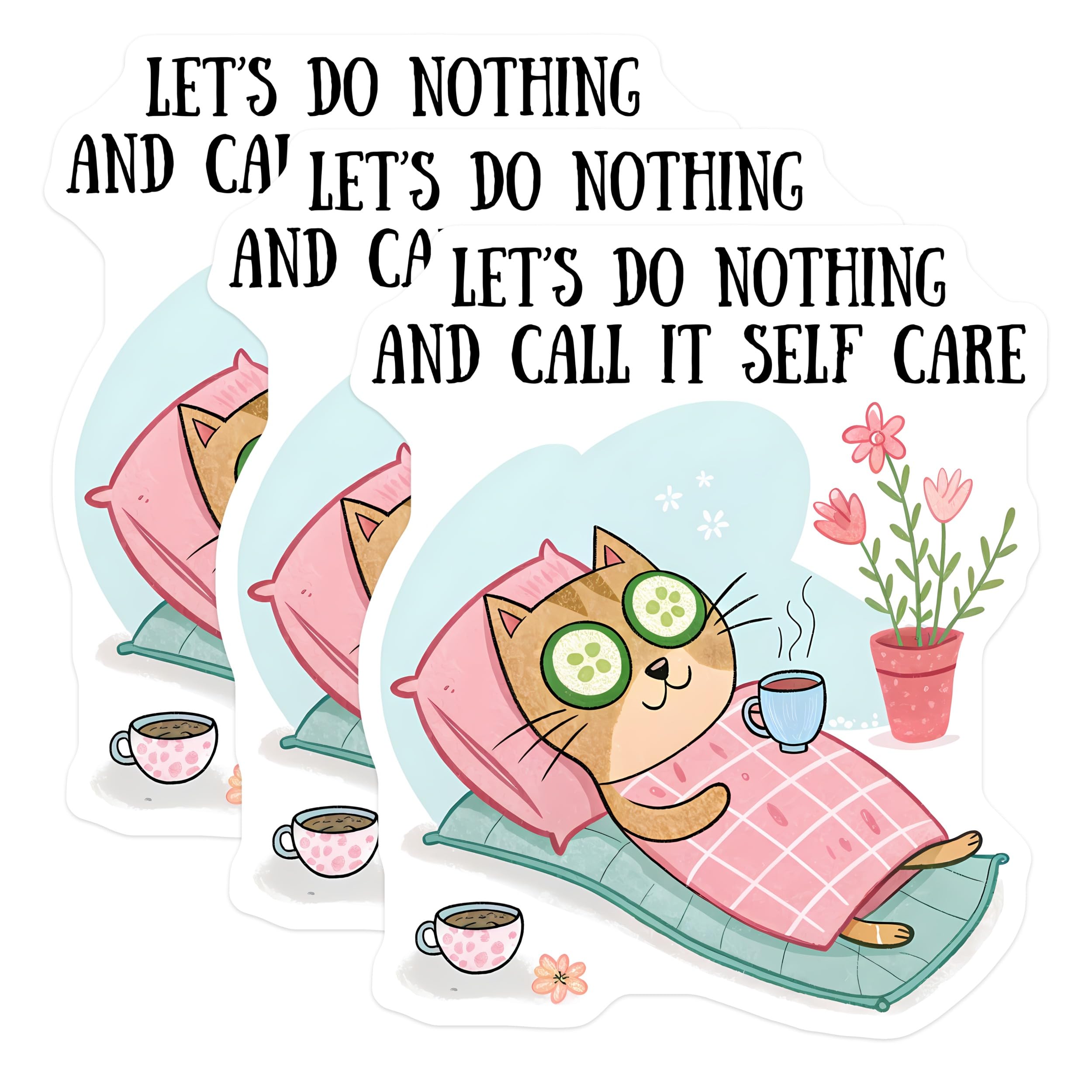 (3 Pack) Self Care Cat Decals - Relaxing Cat Stickers - Laptop Decals - 3 Inches On Longest Side - Easy Peel & Apply - Made in USA - 3MCS2094