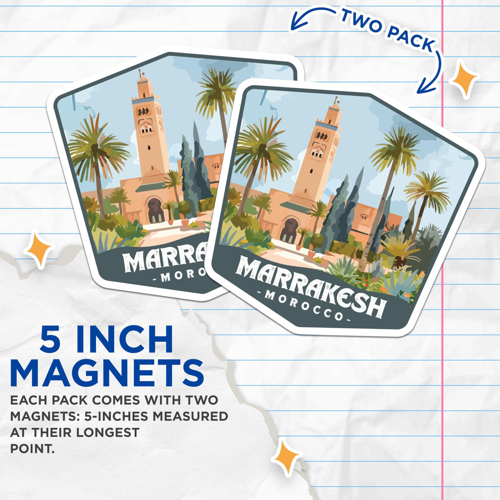(2 Pack) Marrakech Morocco Magnets - Koutoubia Mosque Minaret - Moroccan Travel Souvenir - Refrigerator Decor Art - 5 Inches On Longest Side - Thick Durable Magnet - Made in USA - MAG19691