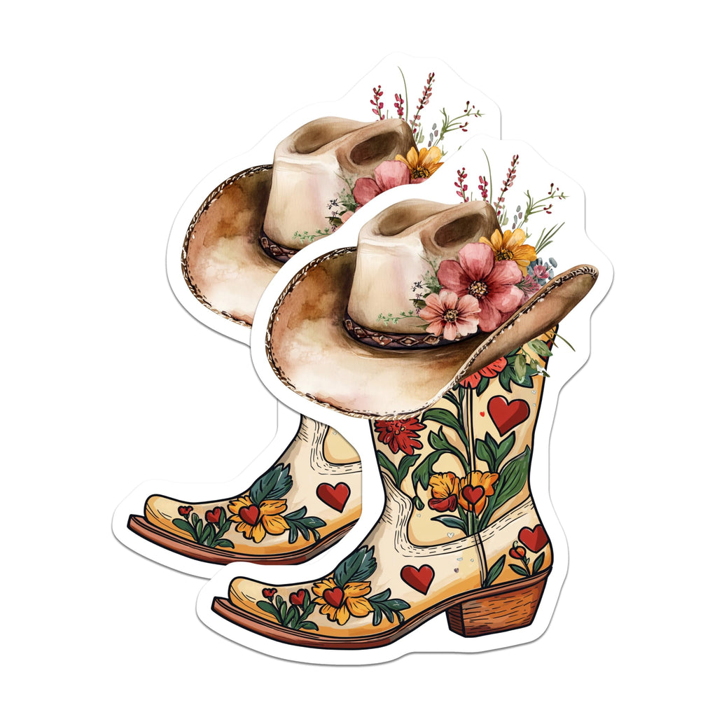 (2 Pack) Western Boot Flower Stickers - Floral Cowboy Boot Stickers - Country Theme - 5" On Longest Side - Sticks to Smooth Flat Surfaces - Made in USA - BMCS5677
