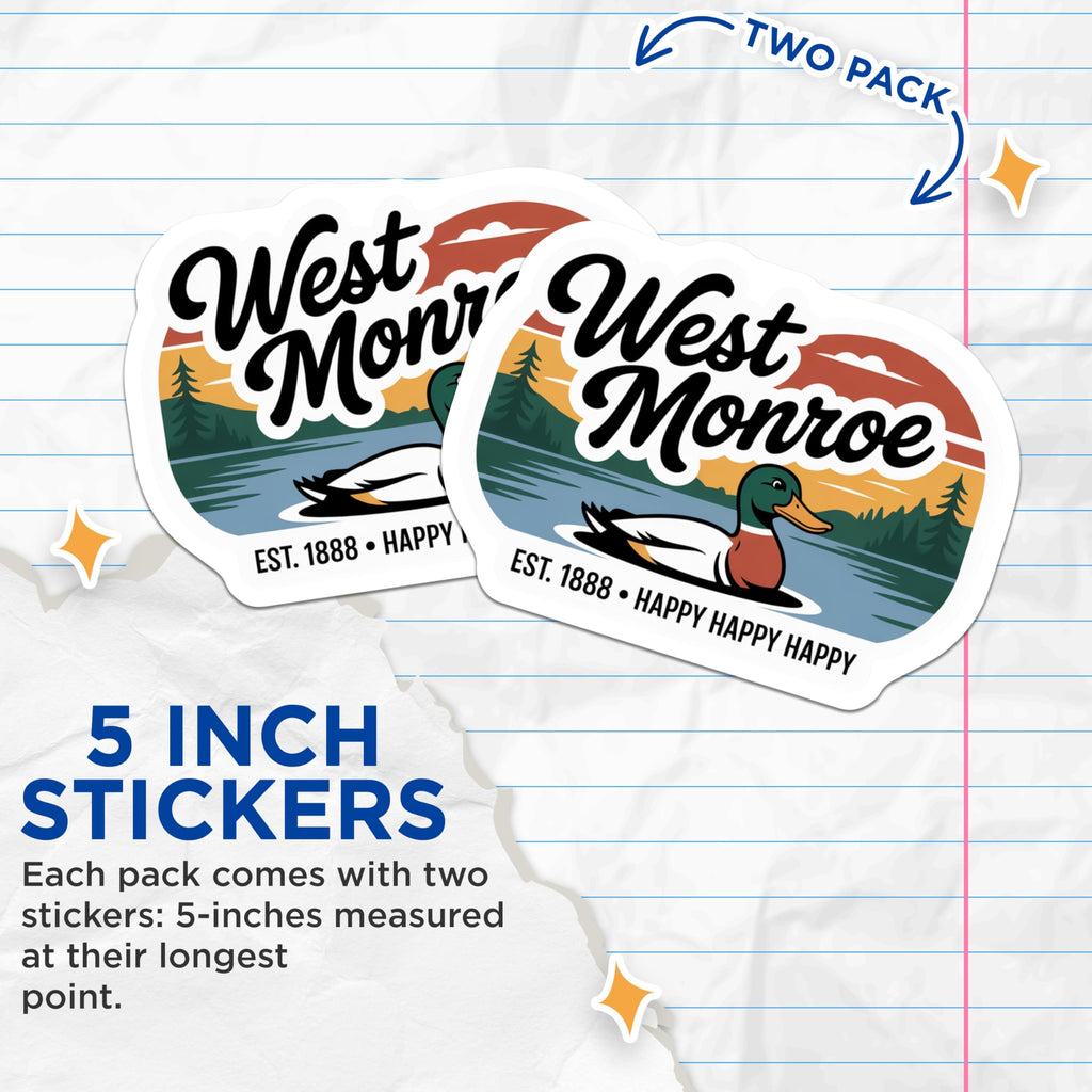 (2 Pack) West Monroe Louisiana Stickers - Duck Scene - City Pride - 5" On Longest Side - Sticks to Smooth Flat Surfaces - Made in USA - BMCS18756