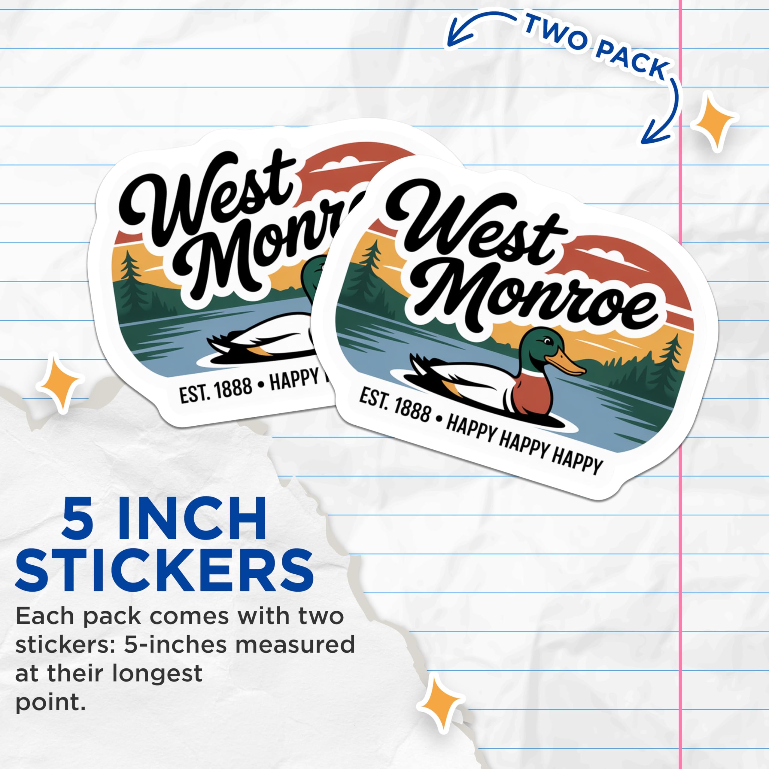 (2 Pack) West Monroe Louisiana Stickers - Duck Scene - City Pride - 5" On Longest Side - Sticks to Smooth Flat Surfaces - Made in USA - BMCS18756