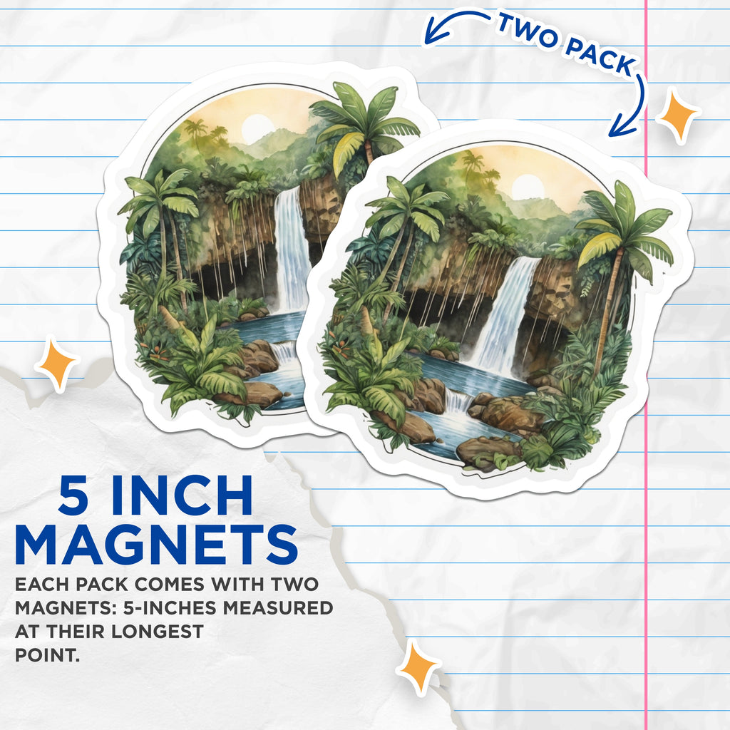 (2 Pack) Tropical Waterfall Magnets - Jungle Landscape Decor - Watercolor Nature Art - 5 Inches On Longest Side - Thick Durable Magnet - Made in USA - MAG38563