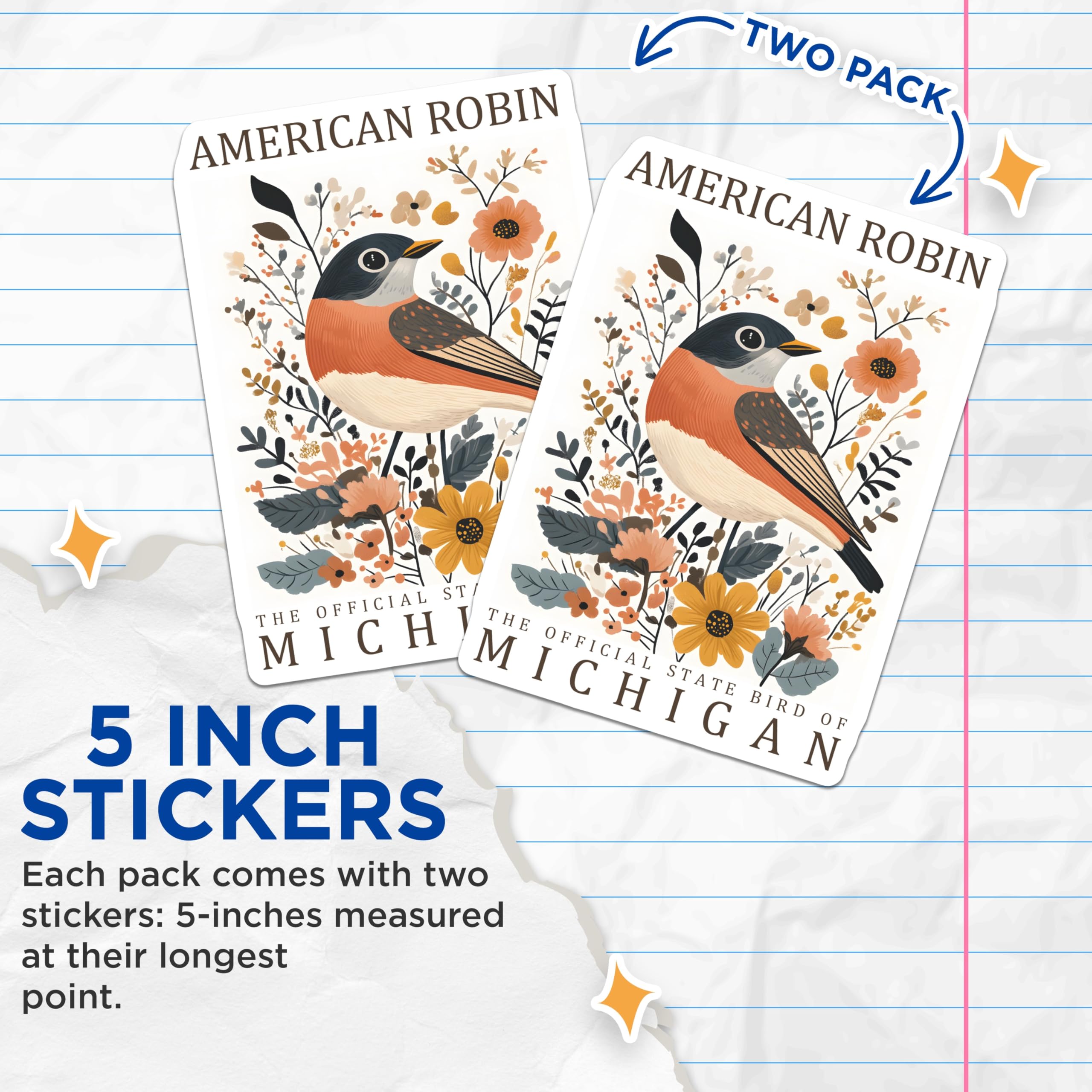 (2 Pack) American Robin Stickers - Bird Stickers - Michigan State Bird Decals - 5" On Longest Side - Sticks to Smooth Flat Surfaces - Made in USA - BMCS18516