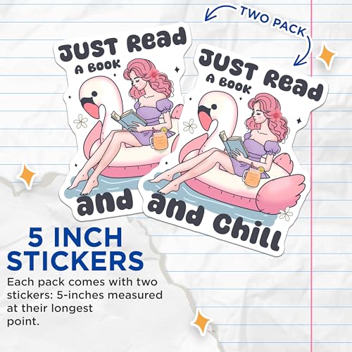 (2 Pack) Just Read A Book and Chill Stickers - Relaxing Reading Vinyl Decals - Cute Book Lover Stickers - 5" On Longest Side - Sticks to Smooth Flat Surfaces - Made in USA - BMCS6462