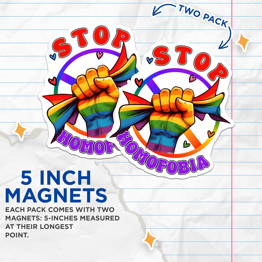 (2 Pack) Stop Homophobia Magnets - LGBTQ Pride - Equality Love Magnets - 5" On Longest Side - Premium Magnet - for Cars, Refrigerators, Toolboxes, Lockers - Made in USA - MAG16527