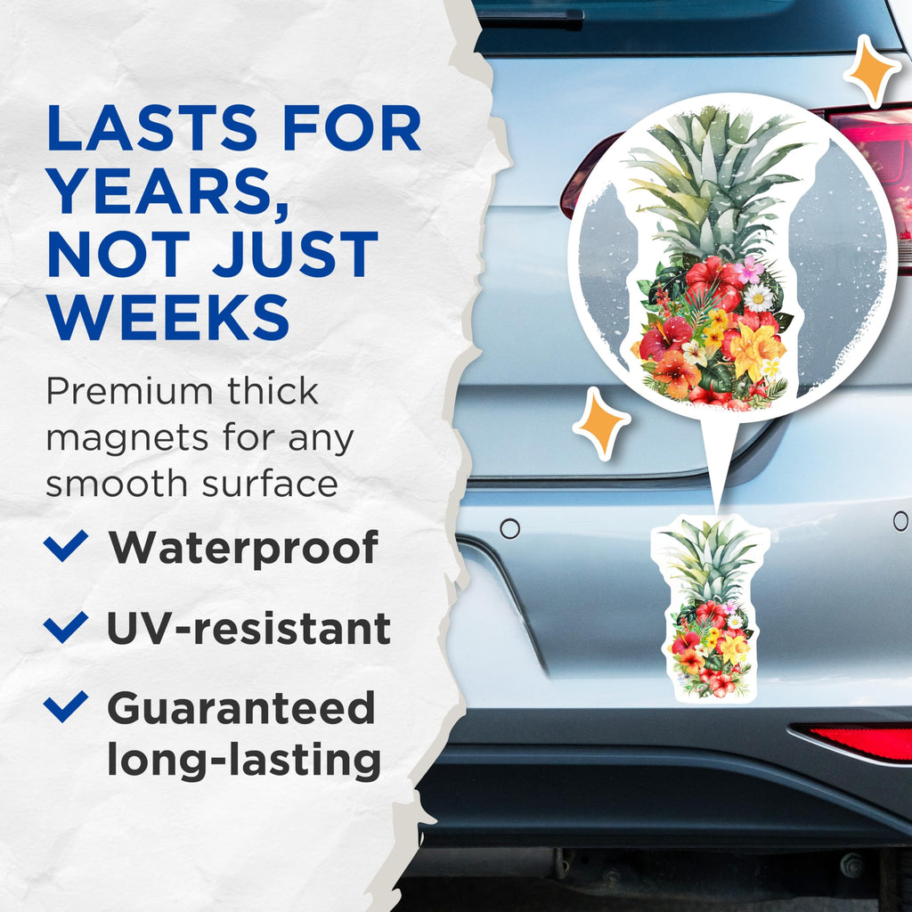 (2 Pack) Tropical Pineapple Magnets - Hibiscus Floral Decor - Exotic Botanical Art - 5 Inches On Longest Side - Thick Durable Magnet - Made in USA - MAG21144