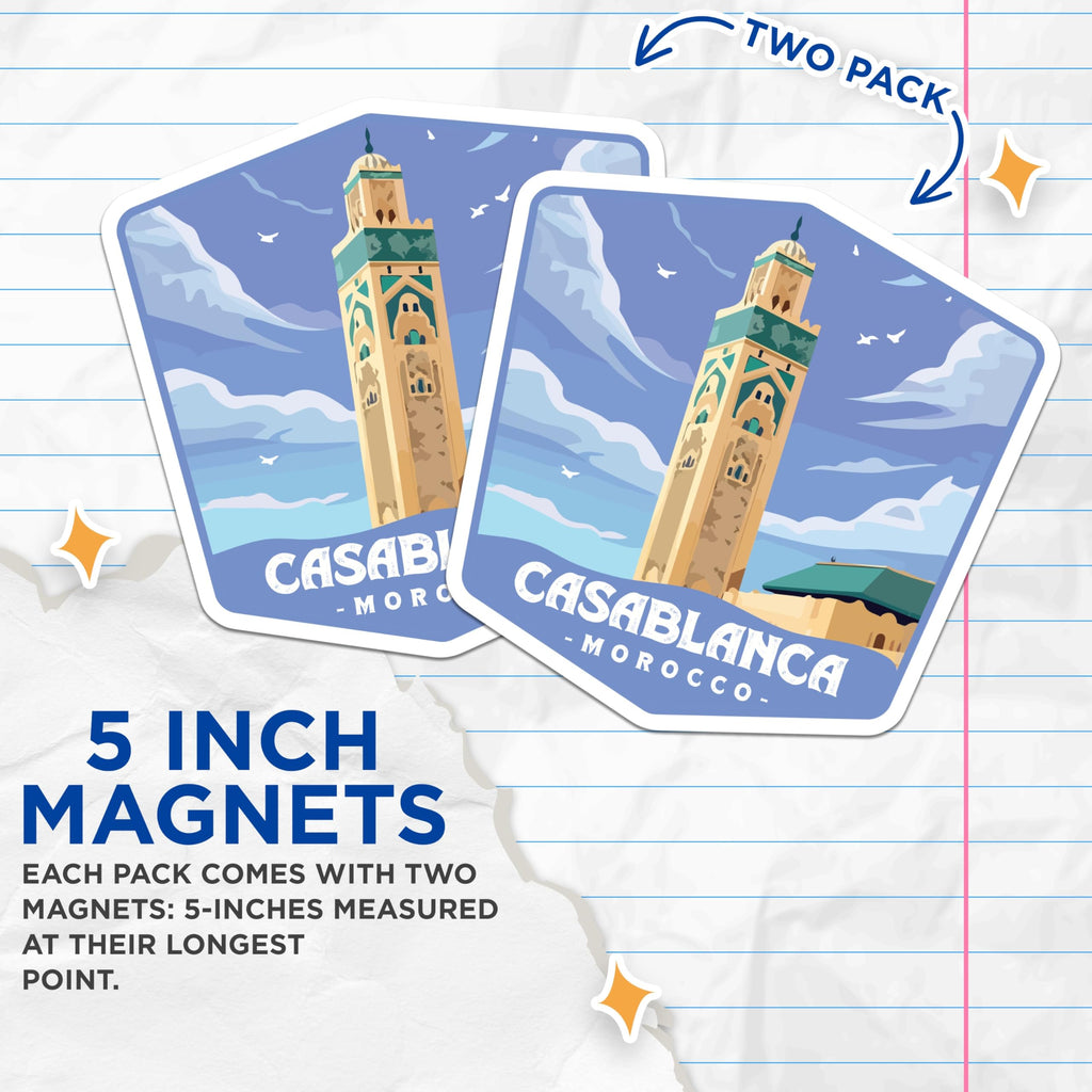 (2 Pack) Casablanca Morocco Magnets - Hassan II Mosque Art - North Africa Travel Souvenir - 5 Inches On Longest Side - Thick Durable Magnet - Made in USA - MAG20142
