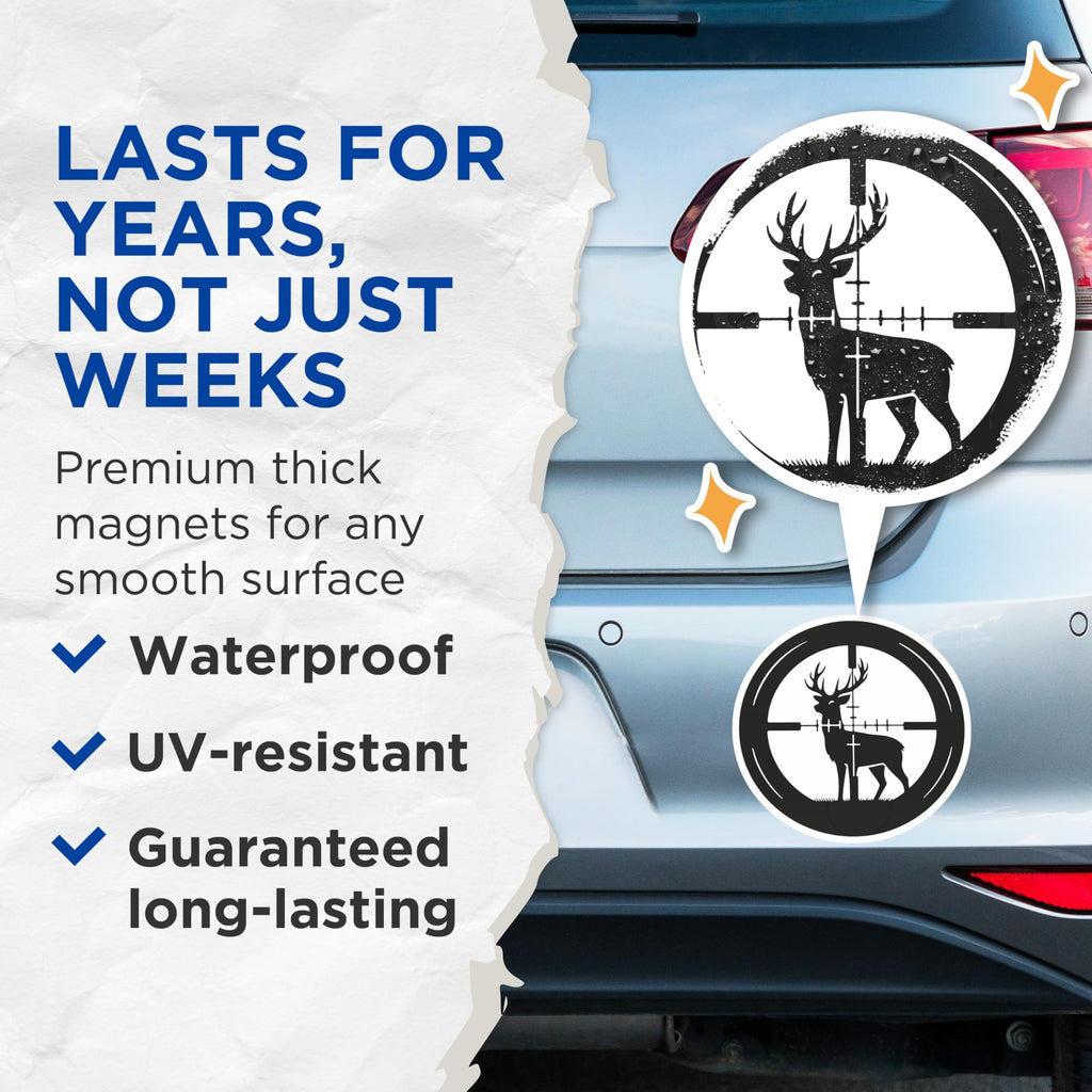 (2 Pack) Deer Hunter Magnets - Crosshairs Buck Design - Outdoorsman Decor - Refrigerator Vehicle Accessory - 5 Inches On Longest Side - Thick Durable Magnet - Made in USA - MAG21401