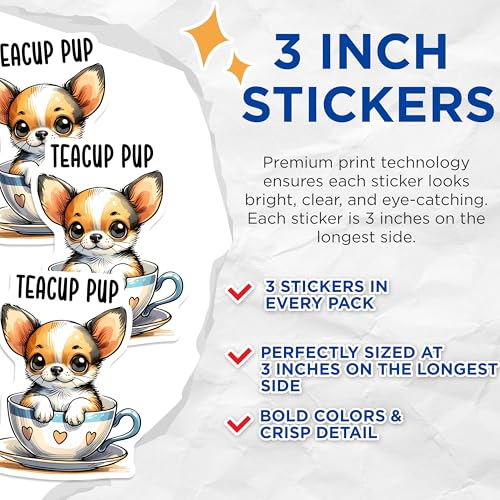 (3 Pack) Chihuahua Puppy Decals - Teacup Pup - Cute Dog Sticker - 3 Inches On Longest Side - Easy Peel & Apply - Made in USA - 3MCS2421