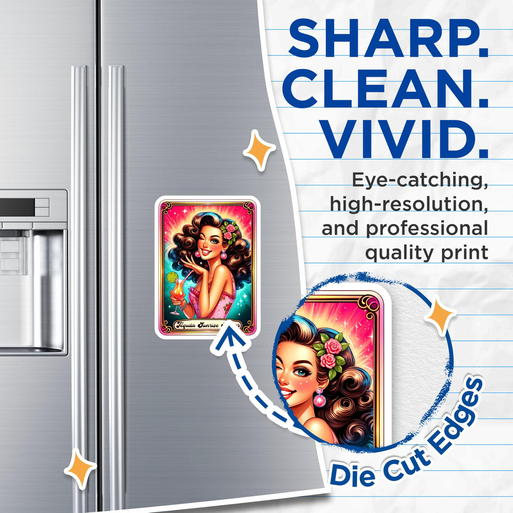 (2 Pack) Tequila Sunrise Seeker Magnets - Retro Cocktail Pinup Girl Art - Happy Hour Drink Decor - Fun Kitchen Fridge Magnets - 5 Inches On Longest Side - Thick Durable Magnet - Made in USA - MAG22352