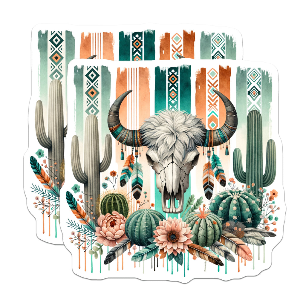 (2 Pack) Boho Skull Magnets - Southwestern Decor - Cactus Floral Art - Bohemian Western Aesthetic - Desert Fridge Accent - 5 Inches On Longest Side - Thick Durable Magnet - Made in USA - MAG37848