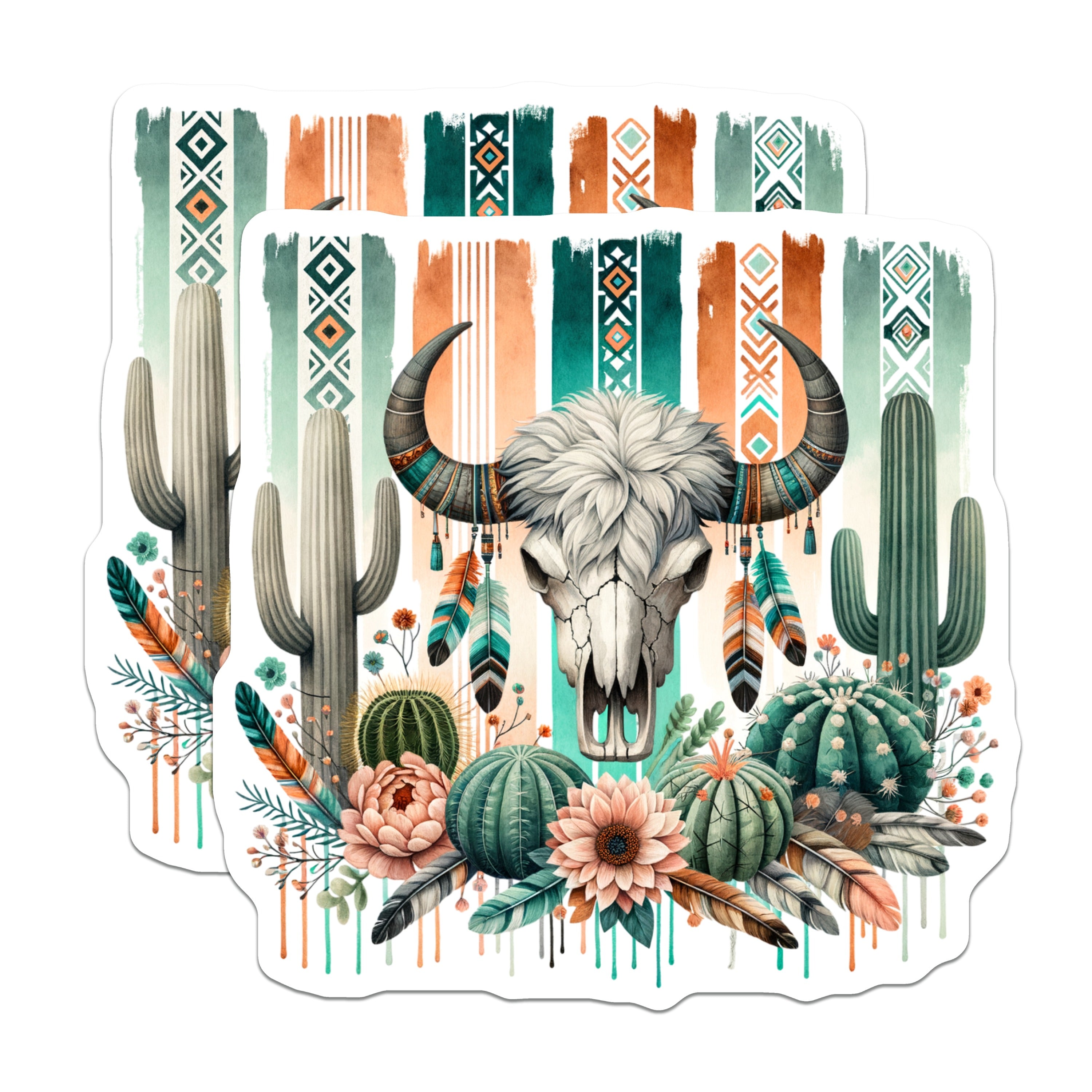 (2 Pack) Boho Skull Magnets - Southwestern Decor - Cactus Floral Art - Bohemian Western Aesthetic - Desert Fridge Accent - 5 Inches On Longest Side - Thick Durable Magnet - Made in USA - MAG37848