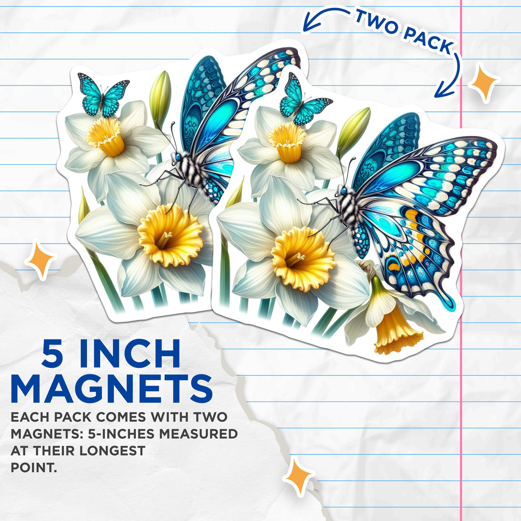 (2 Pack) Blue Butterfly Daffodil Magnets - Spring Floral Decor - Botanical Refrigerator - 5 Inches On Longest Side - Thick Durable Magnet - Made in USA - MAG36653