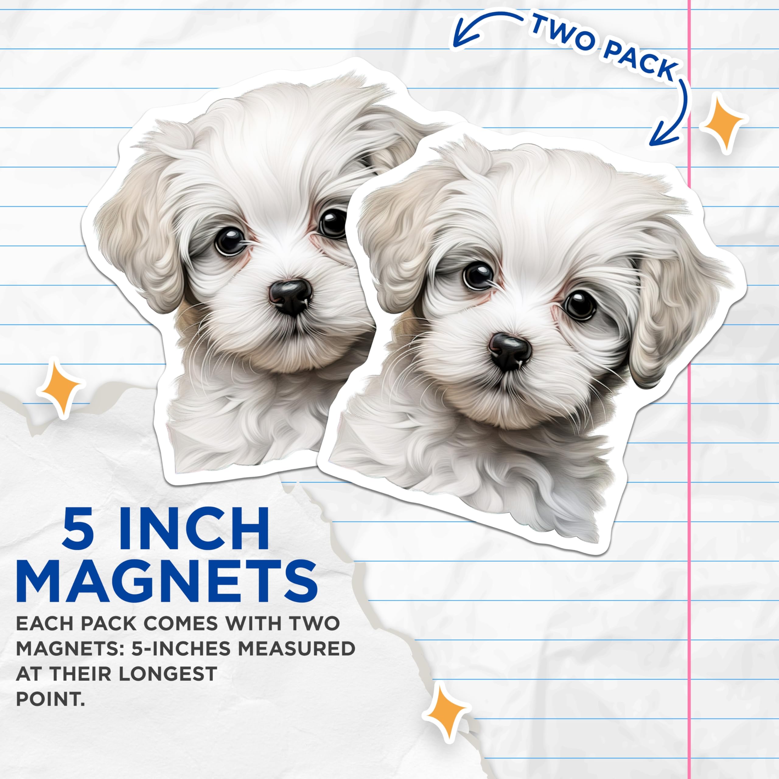 (2 Pack) Cute Puppy Magnets - White Fluffy Dog Lover - Pet Parent Refrigerator Locker Decor - 5 Inches On Longest Side - Thick Durable Magnet - Made in USA - MAG27310