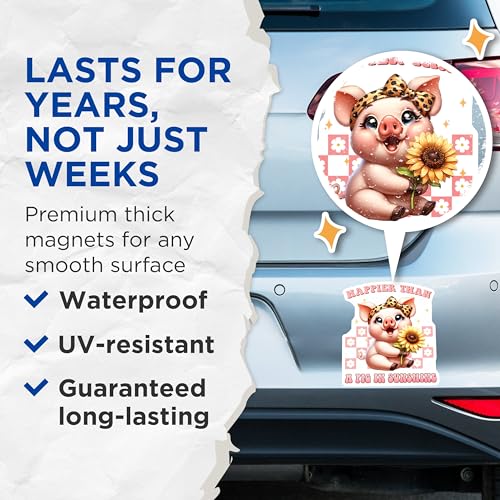 (2 Pack) Happier Than a Pig in Sunshine Magnets - Farm Animal Decor - 5" On Longest Side - for Cars, Fridges, Toolboxes - Made in USA - MAG7929