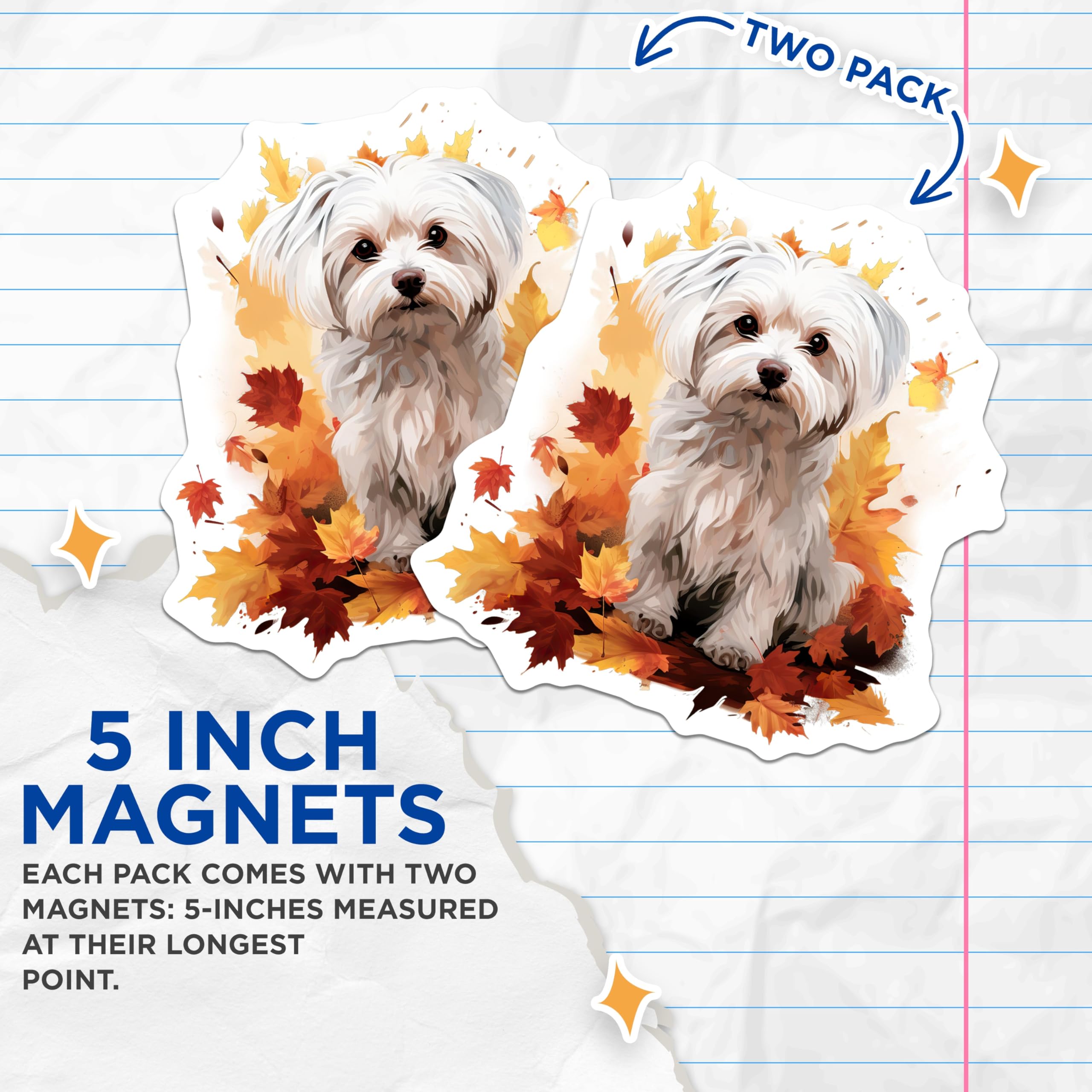 (2 Pack) Maltese Dog Magnets - Autumn Leaves Decor - Fall Season Puppy Art - 5 Inches On Longest Side - Thick Durable Magnet - Made in USA - MAG23282