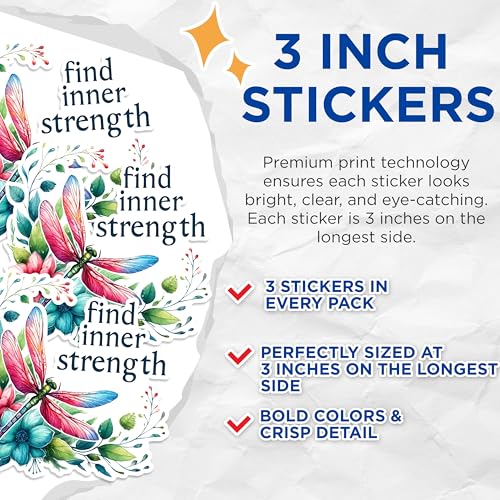(3 Pack) Dragonfly Decals - Floral Laptop Decal - Find Inner Strength Decals - 3 Inches On Longest Side - Easy Peel & Apply - Made in USA - 3MCS1522