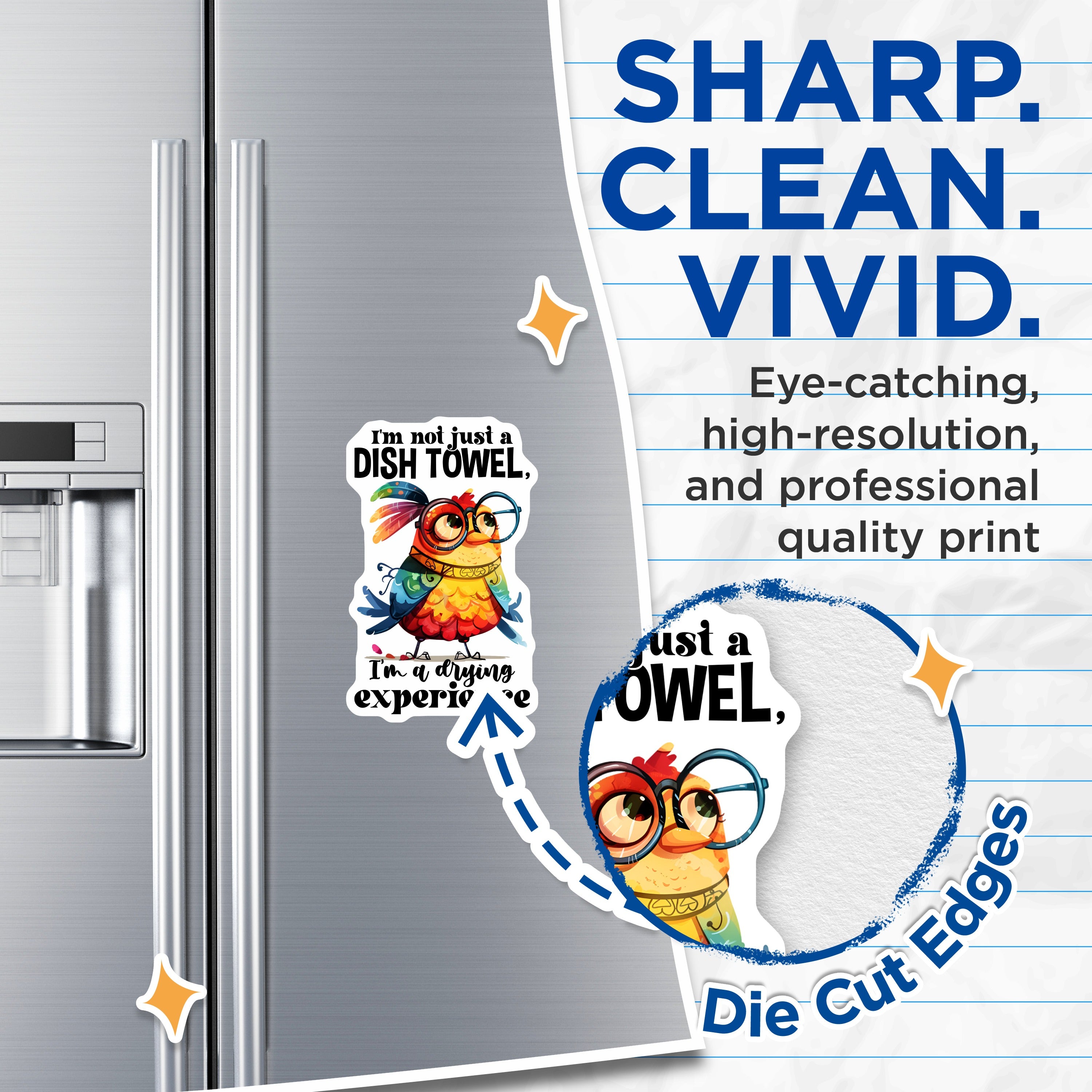 (2 Pack) Humorous Kitchen Magnets - Funny Dish Towel Pun - Quirky Bird Refrigerator Decor - 5 Inches On Longest Side - Thick Durable Magnet - Made in USA - MAG38985