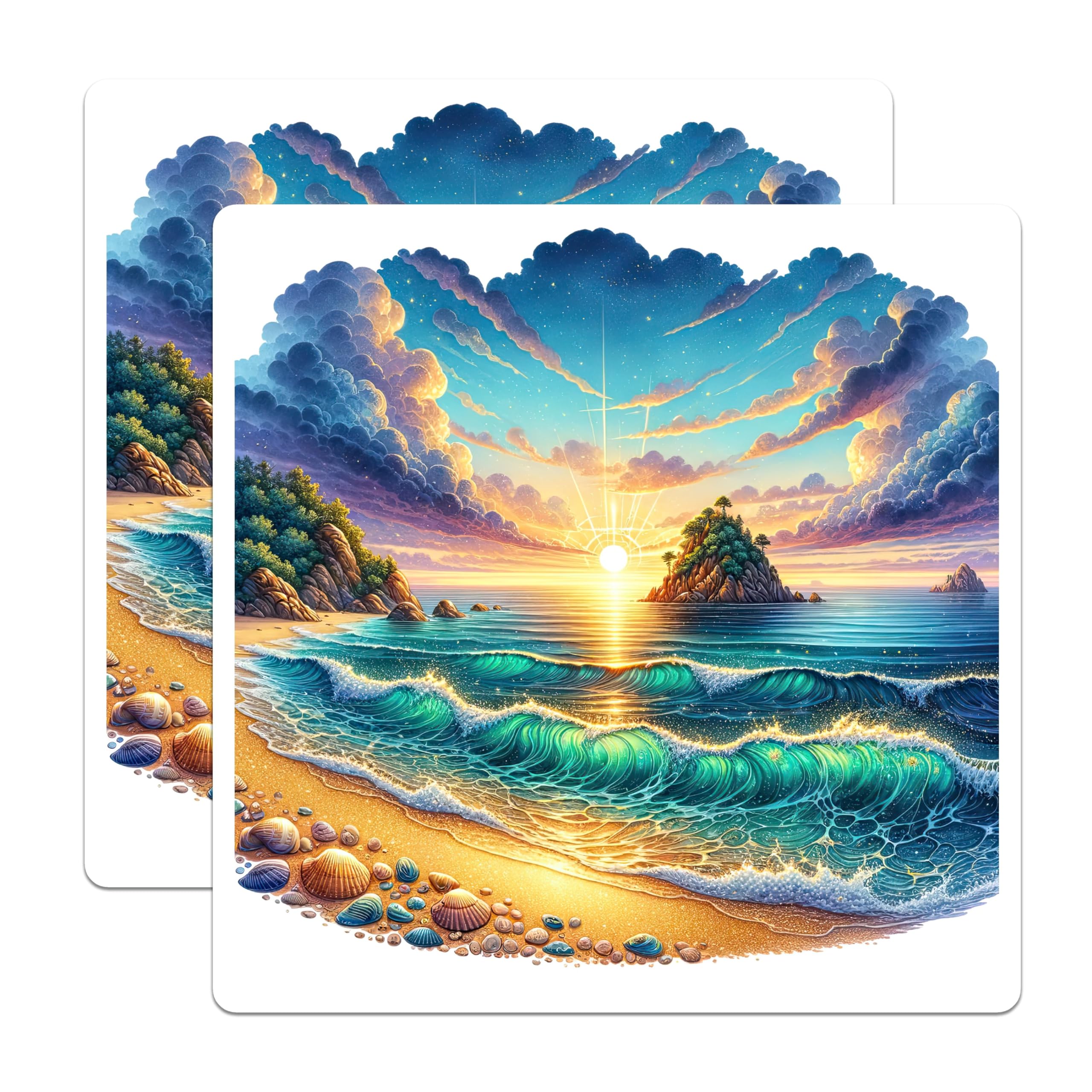 (2 Pack) Vibrant Beach Sunset Magnets - Ocean Waves Scenery - Tropical Island Art - 5 Inches On Longest Side - Thick Durable Magnet - Made in USA - MAG24302