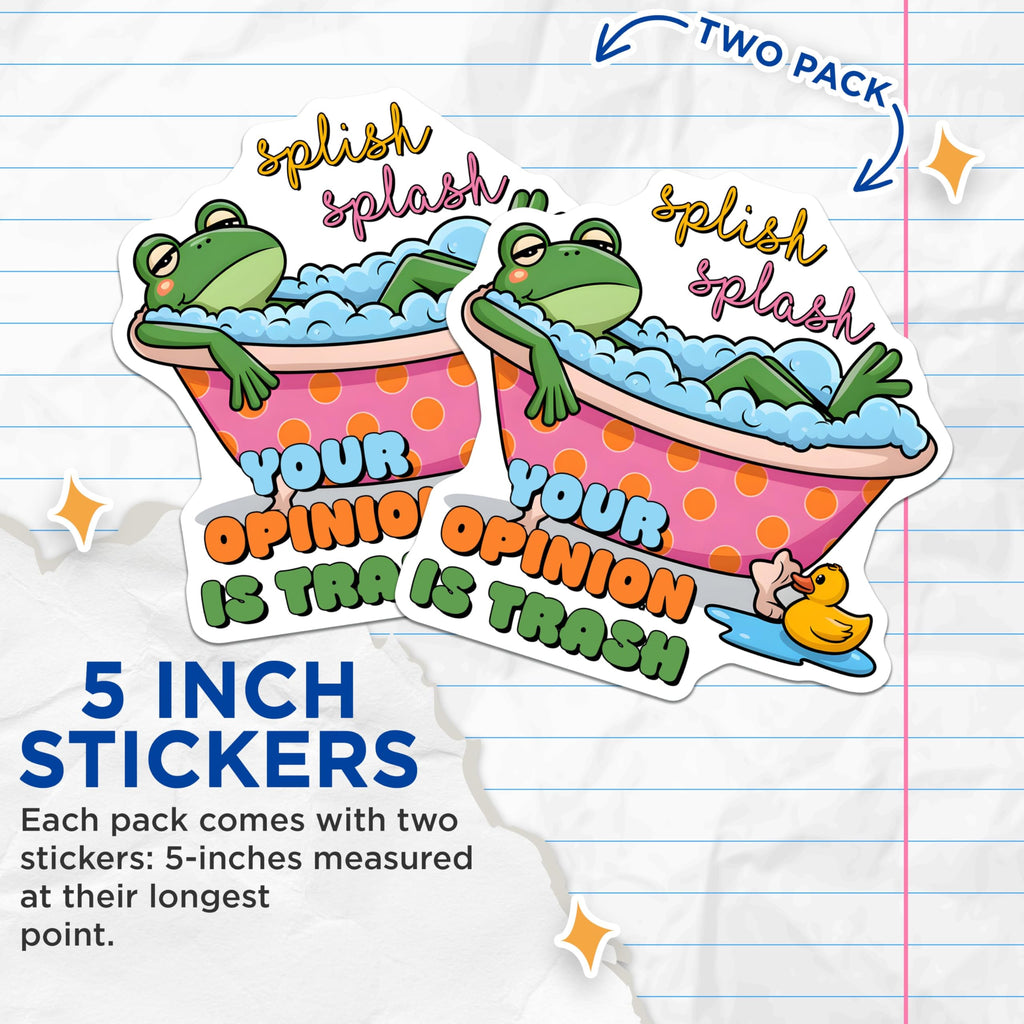(2 Pack) Funny Frog Stickers - Splish Splash Bathtub - Humorous Quote Stickers - 5" On Longest Side - Sticks to Smooth Flat Surfaces - Made in USA - BMCS9717