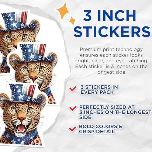 (3 Pack) Patriotic Leopard Decals - American Flag Hat - Laptop Decals - 3 Inches On Longest Side - Easy Peel & Apply - Made in USA - 3MCS7589