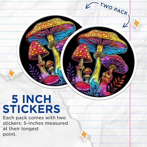 (2 Pack) Colorful Mushroom Stickers - Trippy Art - Nature Psychedelic - 5" On Longest Side - Sticks to Smooth Flat Surfaces - Made in USA - BMCS6833