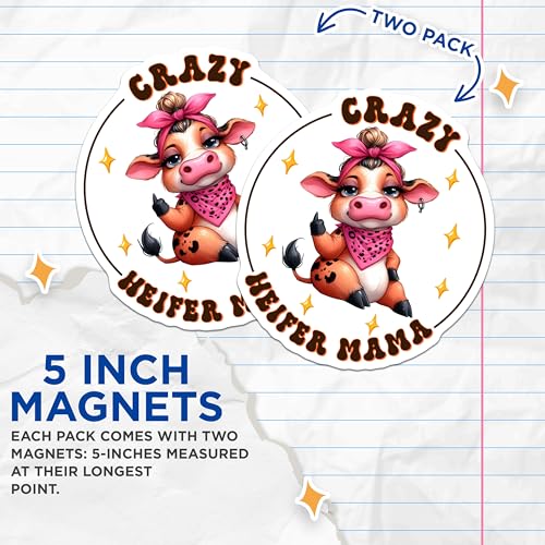 (2 Pack) Crazy Heifer Mama Magnets - Funny Cow Magnet - Farmhouse Kitchen - Cute Animal Magnet - 5" On Longest Side - for Cars, Fridges, Toolboxes - Made in USA - MAG3772